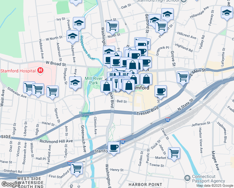 map of restaurants, bars, coffee shops, grocery stores, and more near 74 West Park Place in Stamford