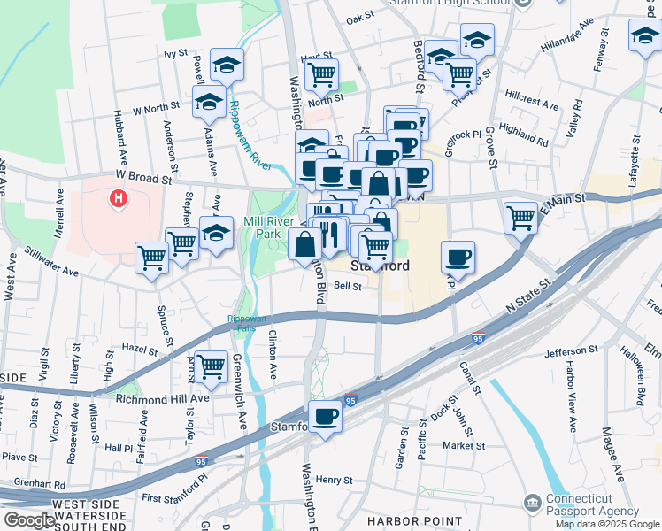 map of restaurants, bars, coffee shops, grocery stores, and more near 74 West Park Place in Stamford