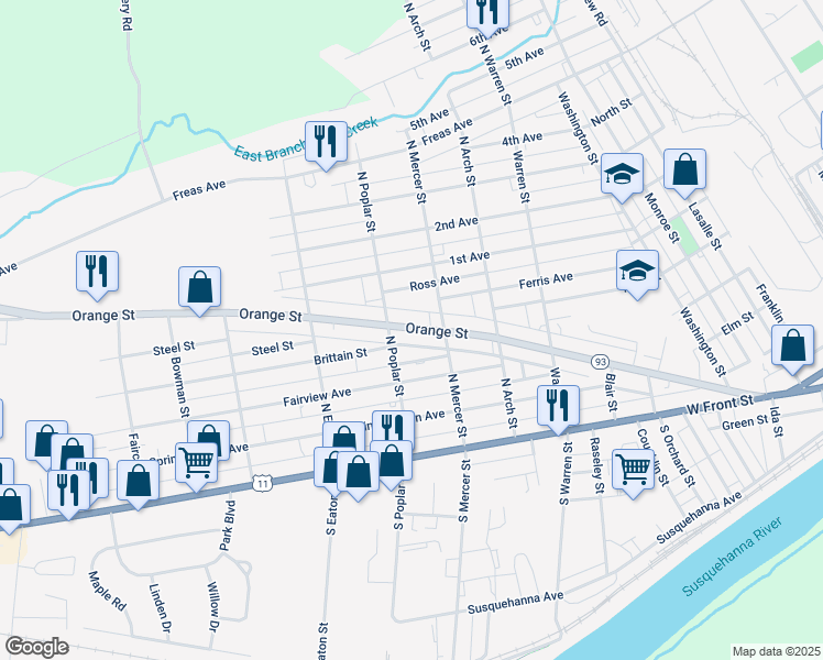 map of restaurants, bars, coffee shops, grocery stores, and more near 1435 Orange St in Berwick