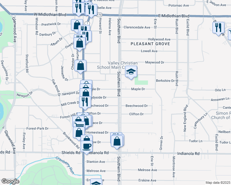 map of restaurants, bars, coffee shops, grocery stores, and more near 4442 Southern Boulevard in Youngstown
