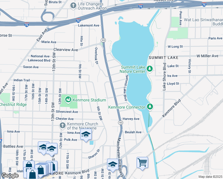 map of restaurants, bars, coffee shops, grocery stores, and more near in Akron