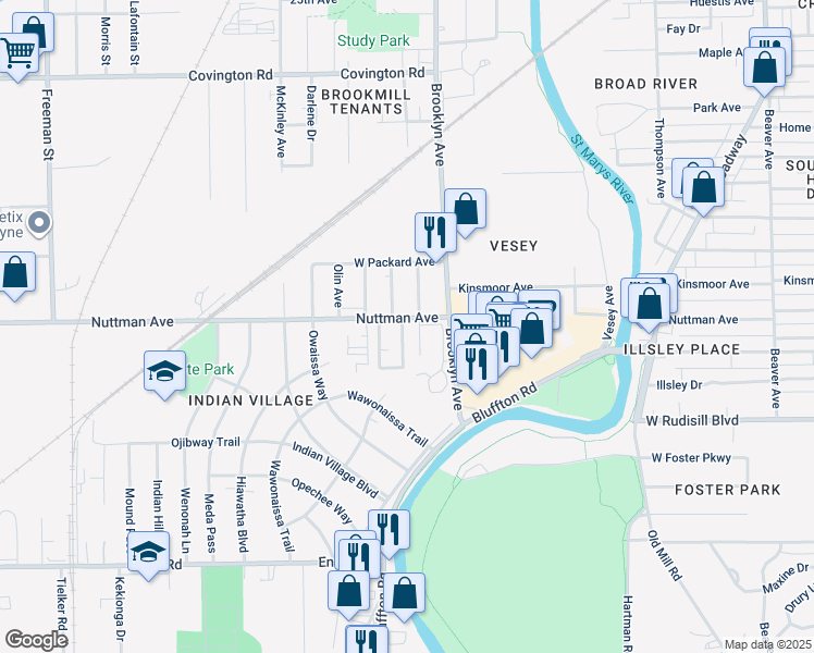 map of restaurants, bars, coffee shops, grocery stores, and more near 3406 Alpine Avenue in Fort Wayne