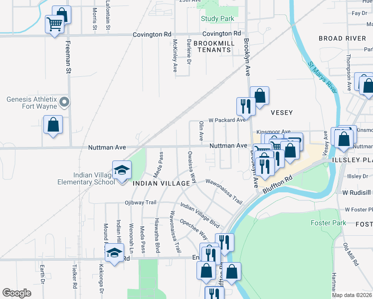 map of restaurants, bars, coffee shops, grocery stores, and more near 3405-3423 Laredo Avenue in Fort Wayne