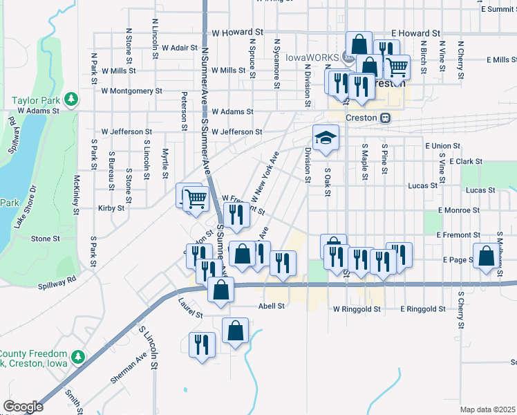 map of restaurants, bars, coffee shops, grocery stores, and more near 400-498 West New York Avenue in Creston