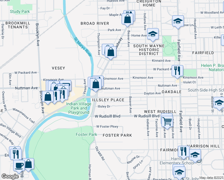 map of restaurants, bars, coffee shops, grocery stores, and more near 1207 Nuttman Avenue in Fort Wayne