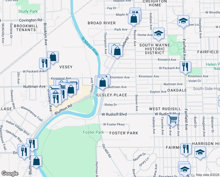 map of restaurants, bars, coffee shops, grocery stores, and more near 1237 Nuttman Avenue in Fort Wayne