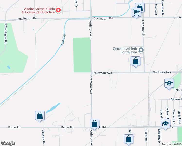 map of restaurants, bars, coffee shops, grocery stores, and more near Ardmore Ave & Nuttman Ave in Fort Wayne