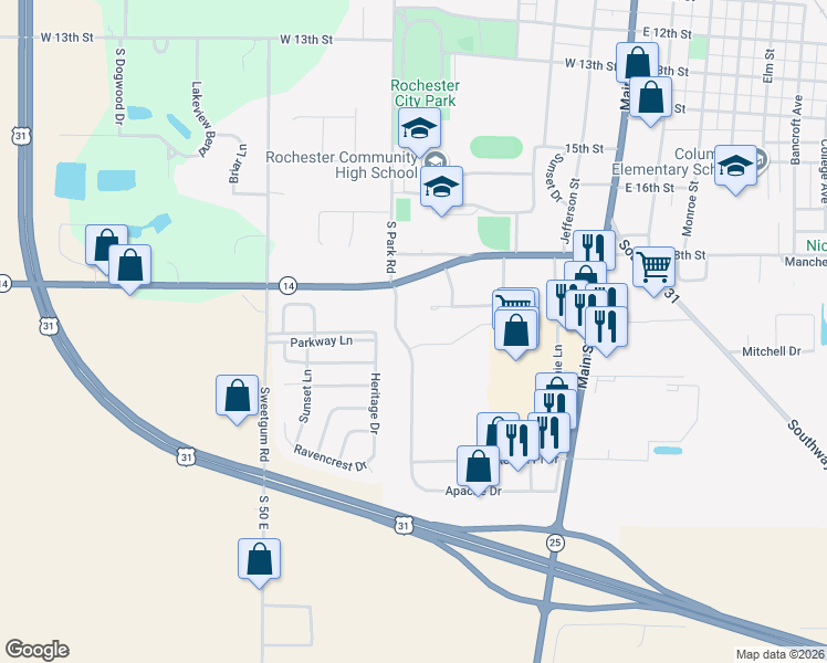 map of restaurants, bars, coffee shops, grocery stores, and more near 699 South Schoolview Drive in Rochester