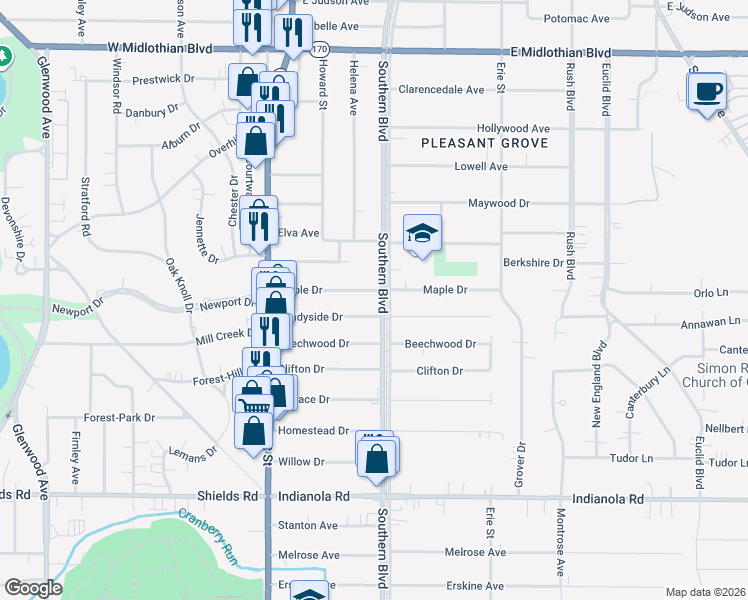 map of restaurants, bars, coffee shops, grocery stores, and more near 4508 Southern Boulevard in Youngstown