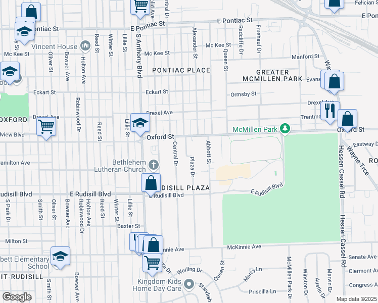 map of restaurants, bars, coffee shops, grocery stores, and more near 3535 Plaza Drive in Fort Wayne