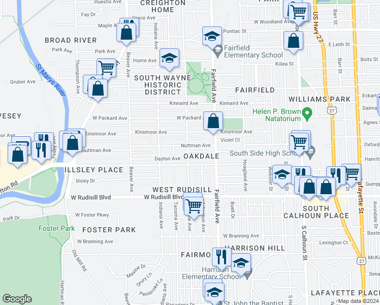 map of restaurants, bars, coffee shops, grocery stores, and more near 3517 South Wayne Avenue in Fort Wayne