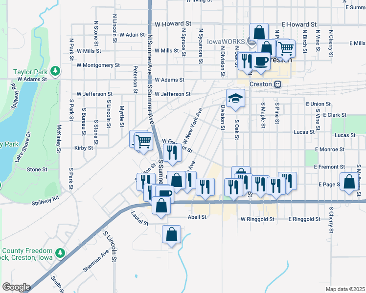 map of restaurants, bars, coffee shops, grocery stores, and more near 498 W New York Ave in Creston