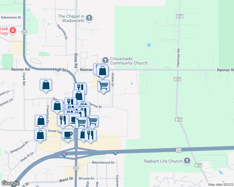 map of restaurants, bars, coffee shops, grocery stores, and more near 1126 Cyprus Court in Wadsworth