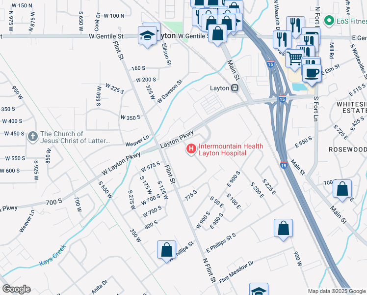 map of restaurants, bars, coffee shops, grocery stores, and more near 201 Layton Parkway in Layton