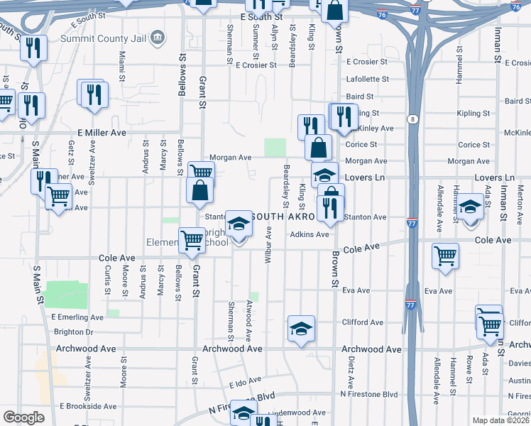map of restaurants, bars, coffee shops, grocery stores, and more near 1086 Wilbur Avenue in Akron