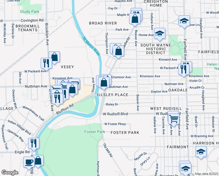 map of restaurants, bars, coffee shops, grocery stores, and more near 1241 Nuttman Avenue in Fort Wayne