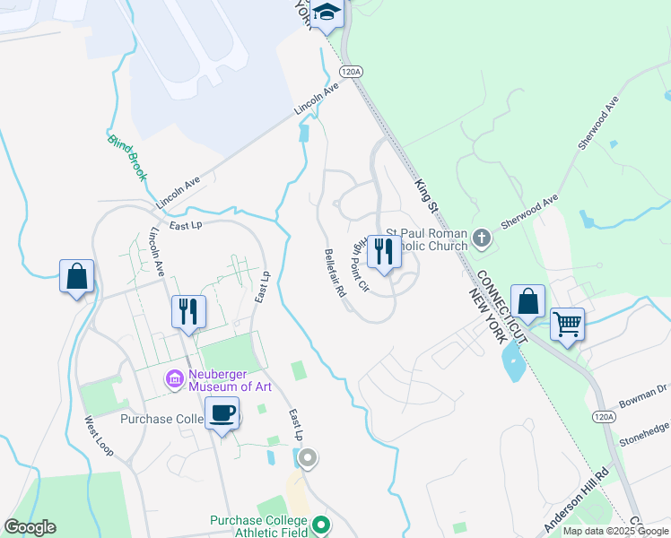 map of restaurants, bars, coffee shops, grocery stores, and more near 36 Bellefair Road in Rye Brook