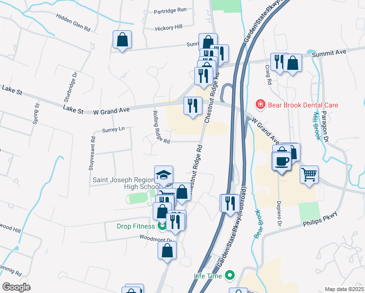 map of restaurants, bars, coffee shops, grocery stores, and more near 29 Rolling Ridge Road in Montvale