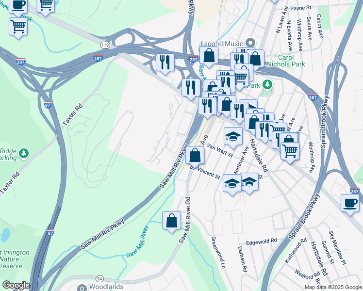 map of restaurants, bars, coffee shops, grocery stores, and more near 35 Valley Avenue in Elmsford