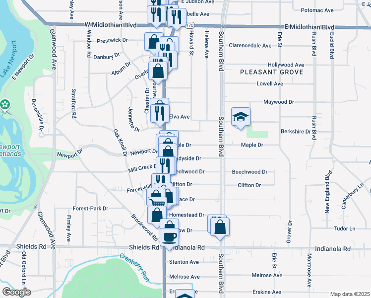 map of restaurants, bars, coffee shops, grocery stores, and more near 26 Maple Drive in Youngstown