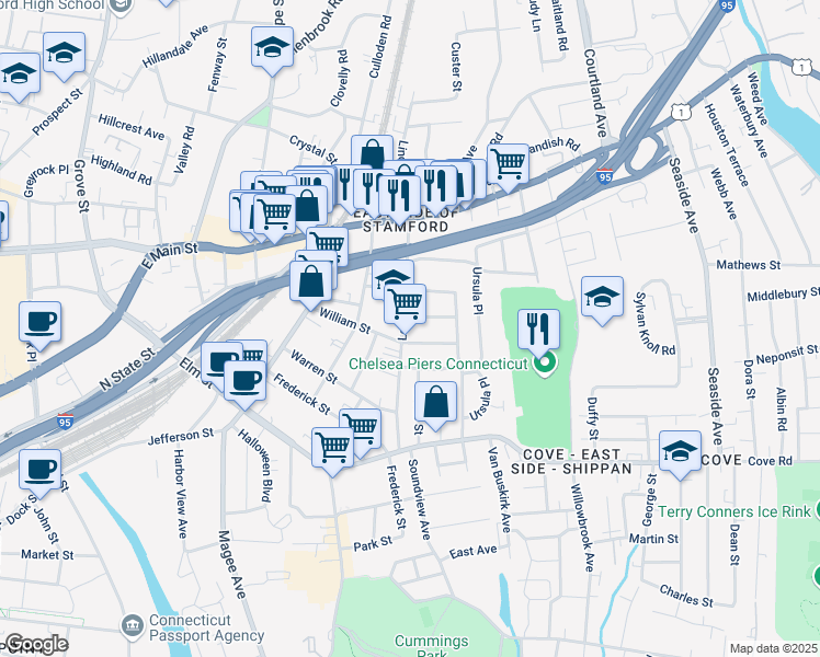 map of restaurants, bars, coffee shops, grocery stores, and more near 92 Lockwood Avenue in Stamford