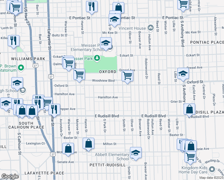 map of restaurants, bars, coffee shops, grocery stores, and more near 3518 Gaywood Drive in Fort Wayne