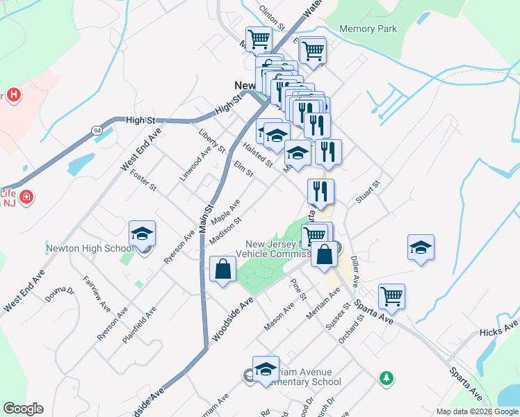 map of restaurants, bars, coffee shops, grocery stores, and more near 43 Madison Street in Newton