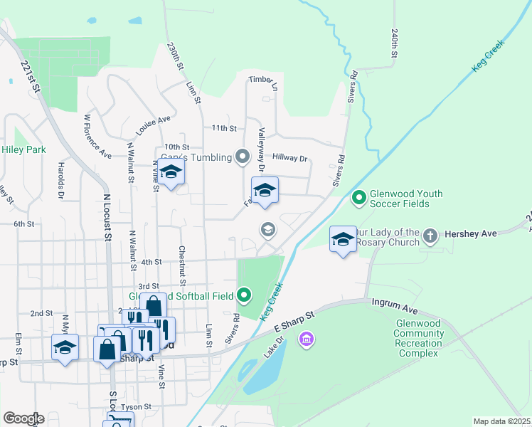 map of restaurants, bars, coffee shops, grocery stores, and more near 400 Sivers Road in Glenwood