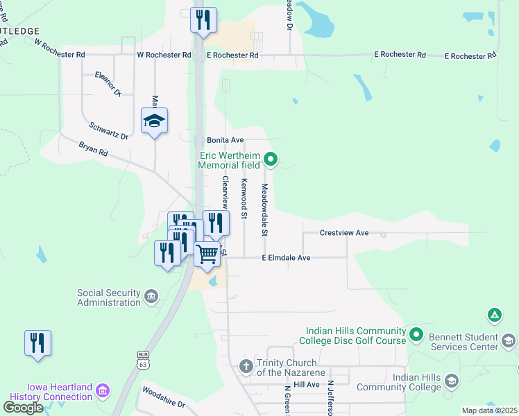 map of restaurants, bars, coffee shops, grocery stores, and more near 2501-2651 Meadowdale Street in Ottumwa