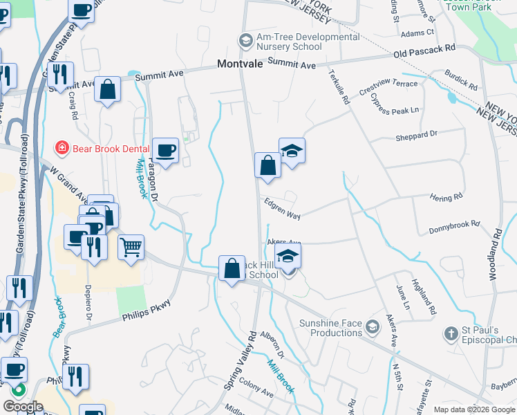 map of restaurants, bars, coffee shops, grocery stores, and more near 48 Spring Valley Road in Montvale
