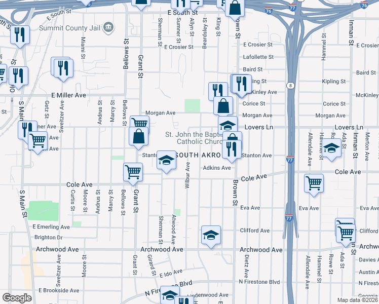 map of restaurants, bars, coffee shops, grocery stores, and more near 1086 Wilbur Avenue in Akron