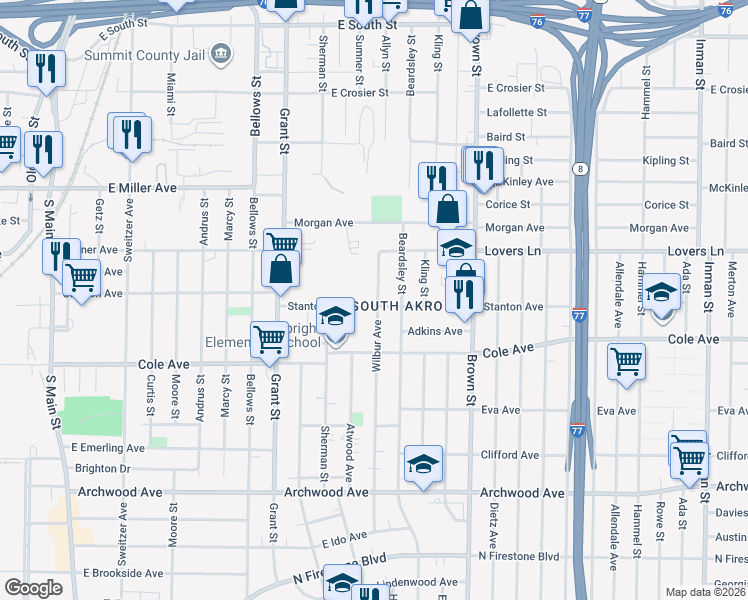 map of restaurants, bars, coffee shops, grocery stores, and more near 1086 Wilbur Avenue in Akron