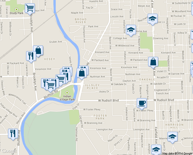 map of restaurants, bars, coffee shops, grocery stores, and more near 1222 Nuttman Avenue in Fort Wayne