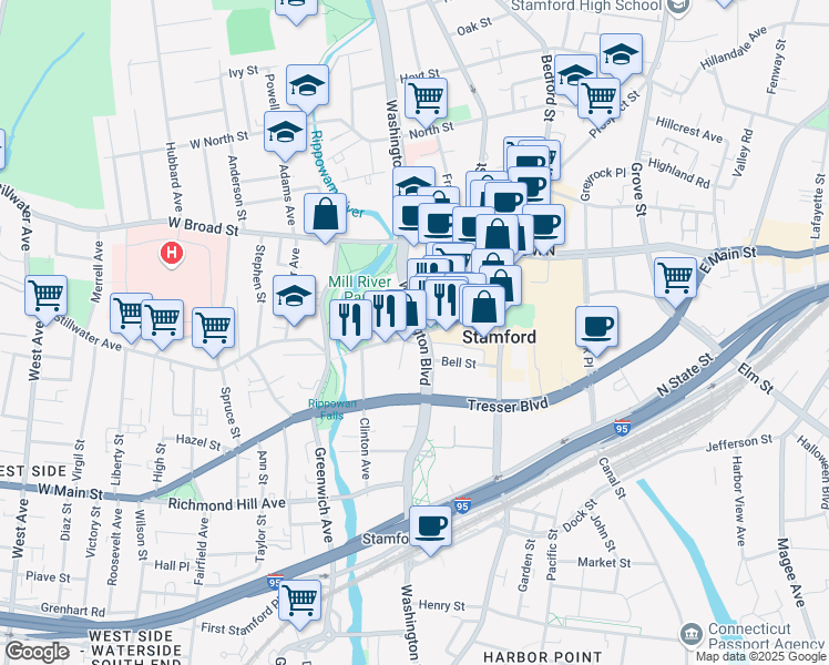 map of restaurants, bars, coffee shops, grocery stores, and more near 1010 Washington Boulevard in Stamford