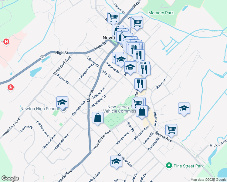 map of restaurants, bars, coffee shops, grocery stores, and more near 55 Madison Street in Newton