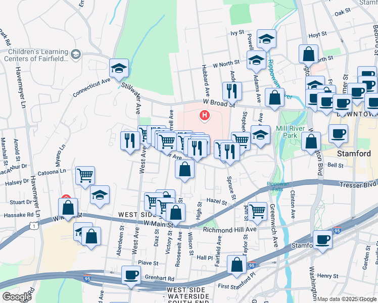 map of restaurants, bars, coffee shops, grocery stores, and more near 12 Stillwater Place in Stamford