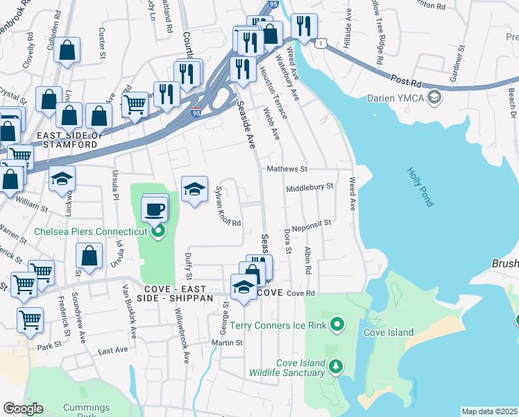 map of restaurants, bars, coffee shops, grocery stores, and more near 117 Sylvan Knoll Road in Stamford