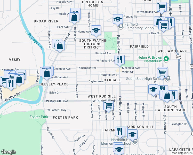 map of restaurants, bars, coffee shops, grocery stores, and more near 816 Nuttman Avenue in Fort Wayne