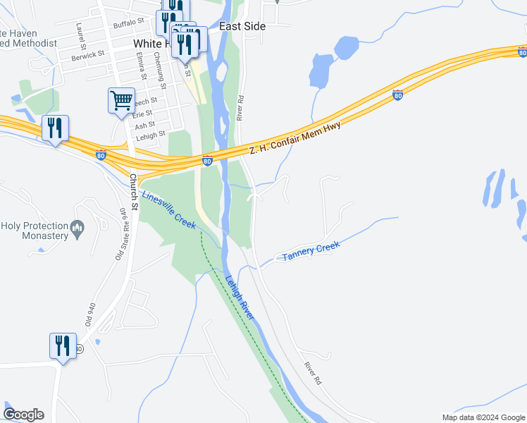 map of restaurants, bars, coffee shops, grocery stores, and more near 238 River Road in White Haven