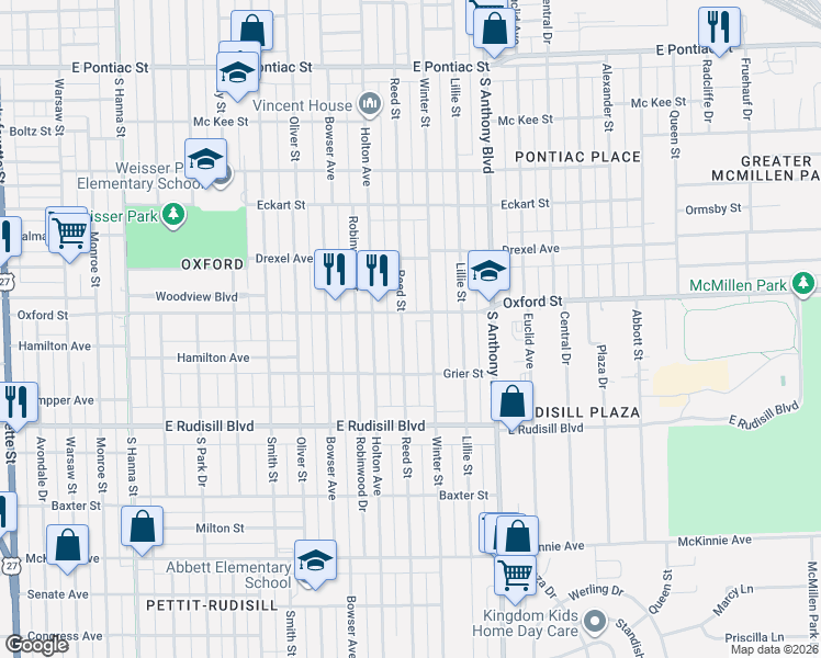 map of restaurants, bars, coffee shops, grocery stores, and more near 1445 Oxford Street in Fort Wayne