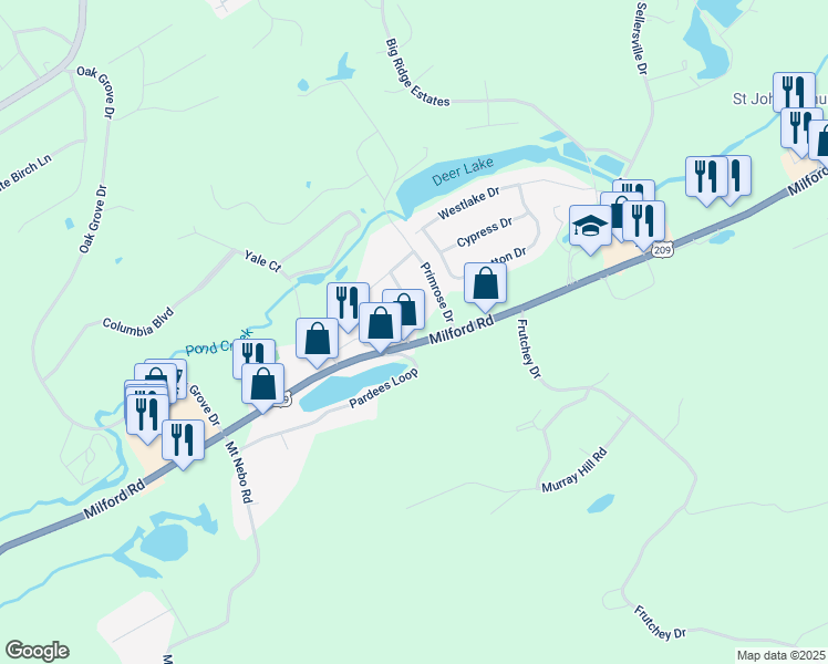 map of restaurants, bars, coffee shops, grocery stores, and more near 121 Charlotte Way in East Stroudsburg