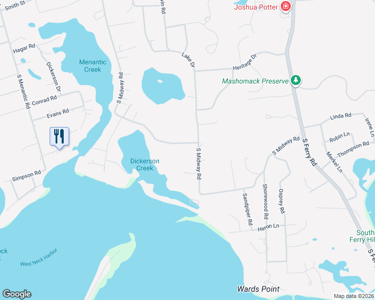 map of restaurants, bars, coffee shops, grocery stores, and more near 86 South Midway Road in Shelter Island