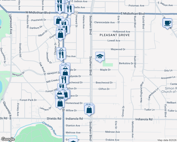 map of restaurants, bars, coffee shops, grocery stores, and more near 4504 Southern Boulevard in Youngstown