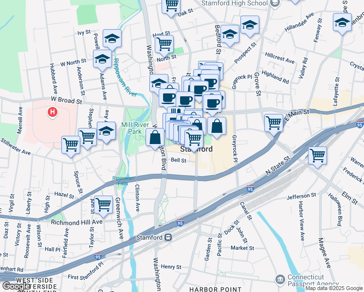 map of restaurants, bars, coffee shops, grocery stores, and more near 37 Summer Street in Stamford