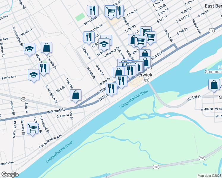 map of restaurants, bars, coffee shops, grocery stores, and more near 331 West Front Street in Berwick