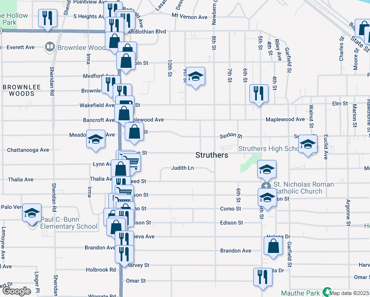 map of restaurants, bars, coffee shops, grocery stores, and more near 496 Sexton Street in Struthers