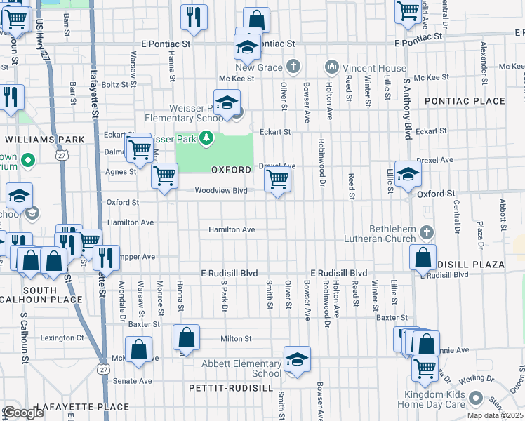 map of restaurants, bars, coffee shops, grocery stores, and more near 3514 Smith Street in Fort Wayne