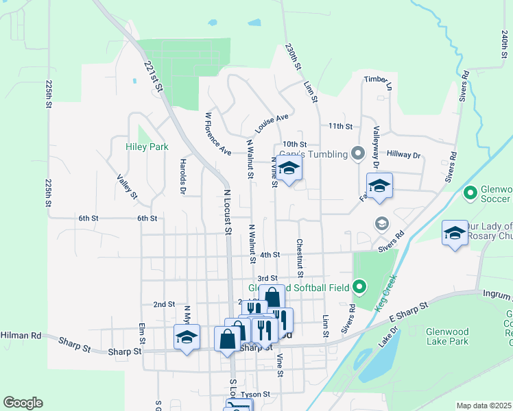 map of restaurants, bars, coffee shops, grocery stores, and more near 705 North Walnut Street in Glenwood