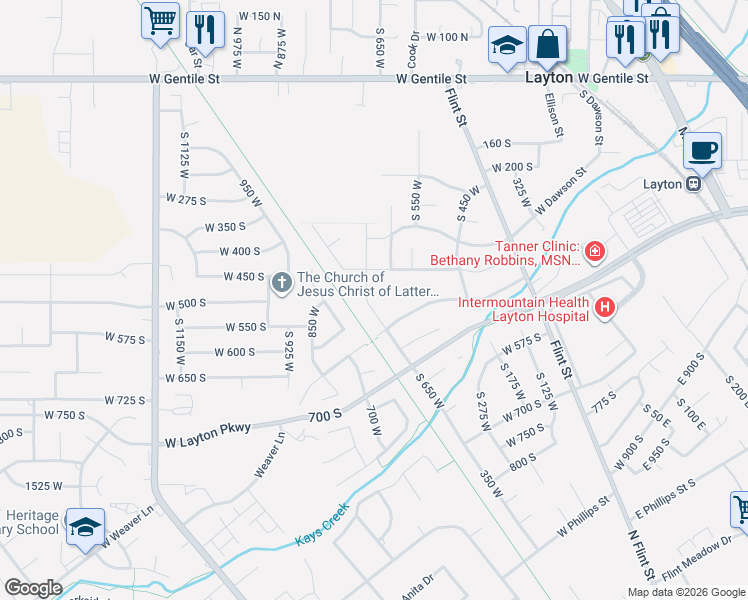 map of restaurants, bars, coffee shops, grocery stores, and more near 611 West 425 South in Layton