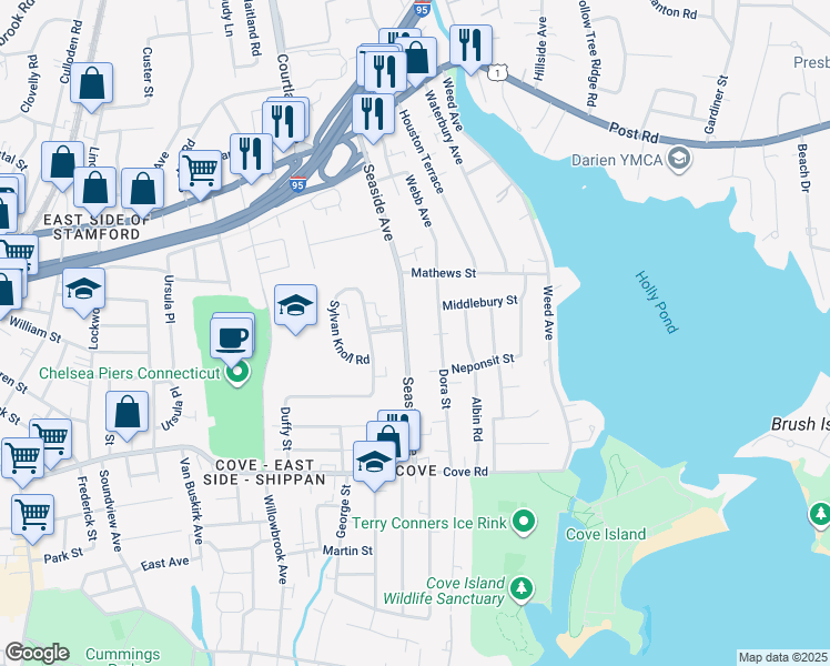 map of restaurants, bars, coffee shops, grocery stores, and more near 162 Seaside Avenue in Stamford